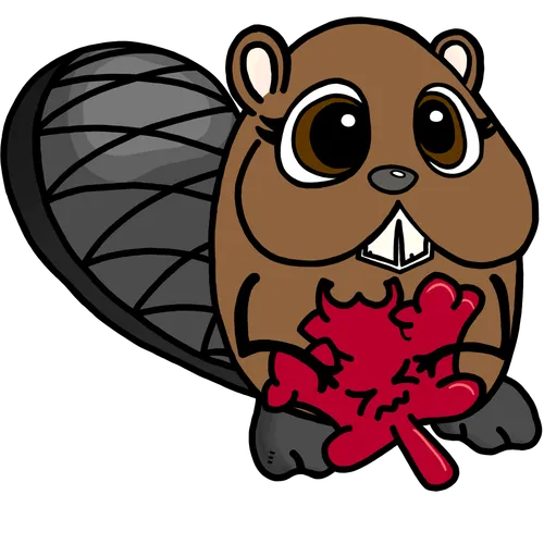 Drawing of a beaver hugging a maple leaf